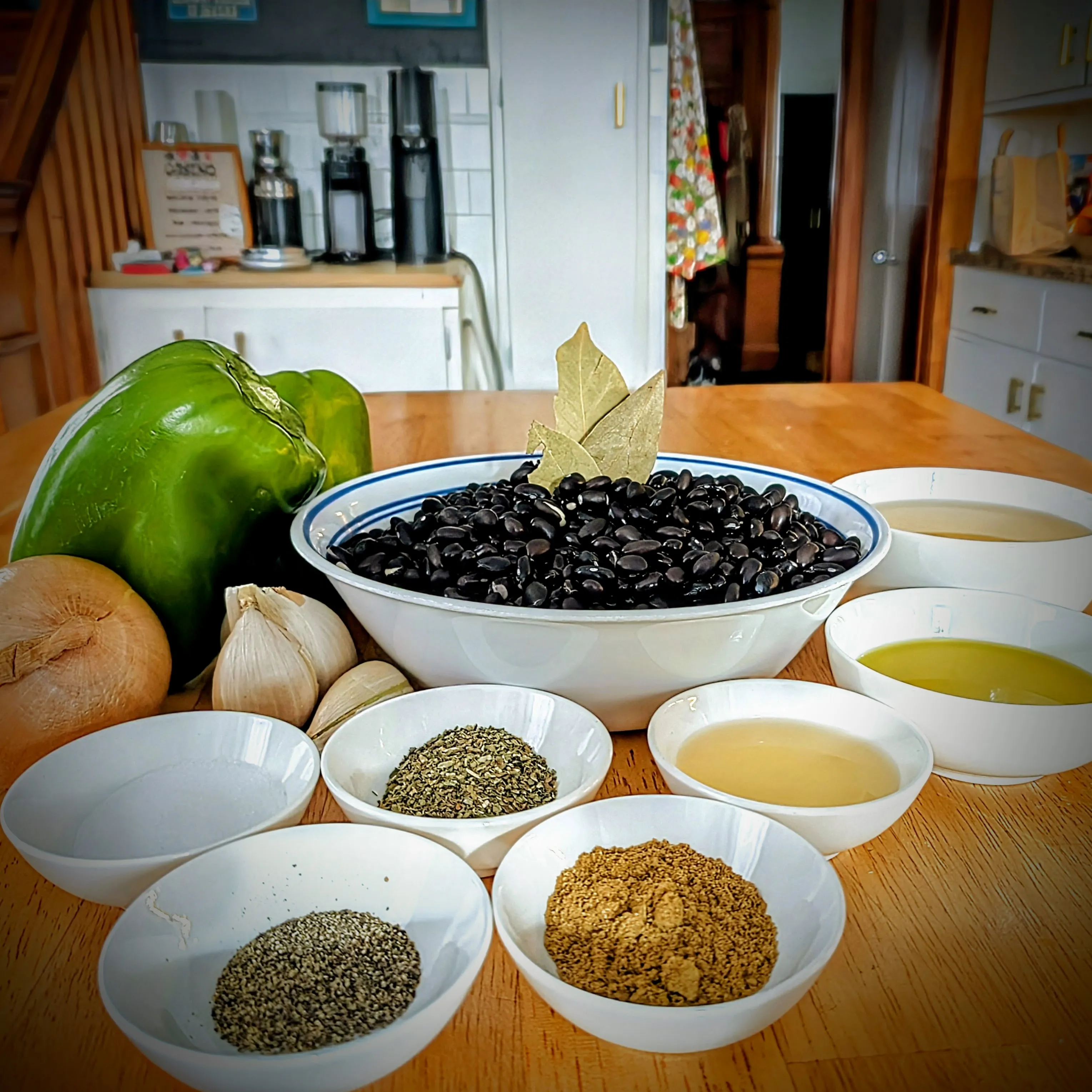 The ingredients for our black beans: dried black beans, green pepper, yellow onion, garlic, olive oil, vinegar, and spices
